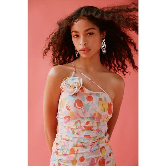 For Love & Lemons NWT Desmona One-Shoulder Tulip Floral Midi Dress Ruched XS - Picture 3 of 16